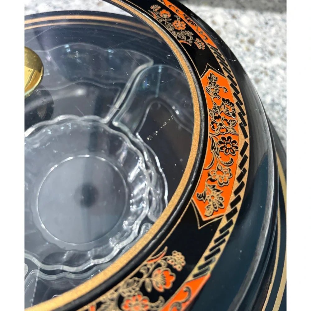 Vtg Lacquerware Black Round‎ Serving Platter Divided Compartments Japan Decor